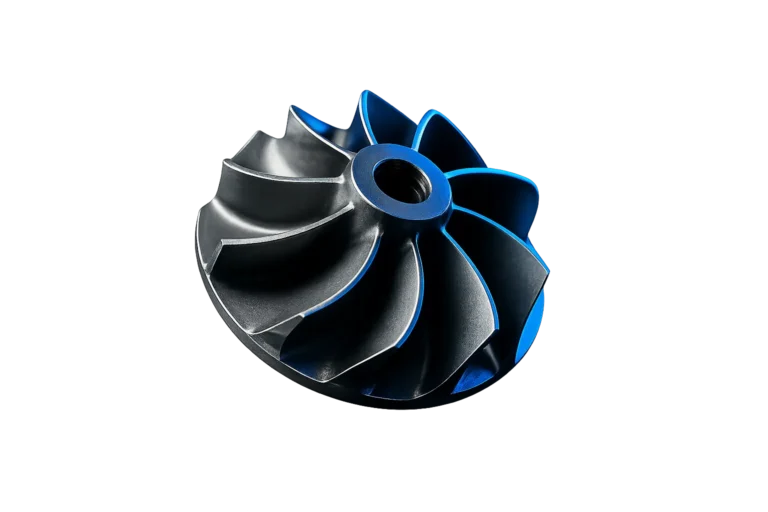 Titanium impeller with blue rim light, wire EDM cut Ti-6Al-4V
