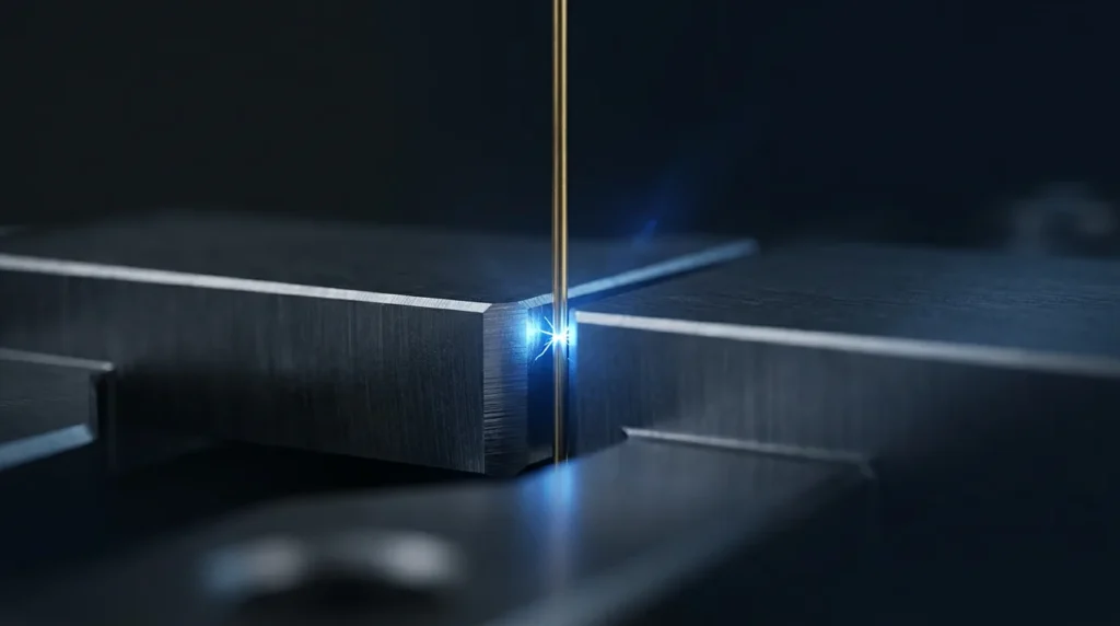 Wire EDM brass wire cutting a hardened steel block with blue spark gap