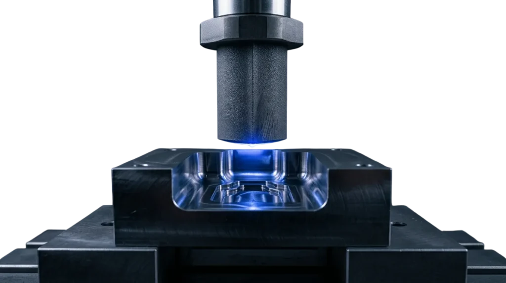 Sinker EDM graphite electrode burning a cavity into a hardened steel block