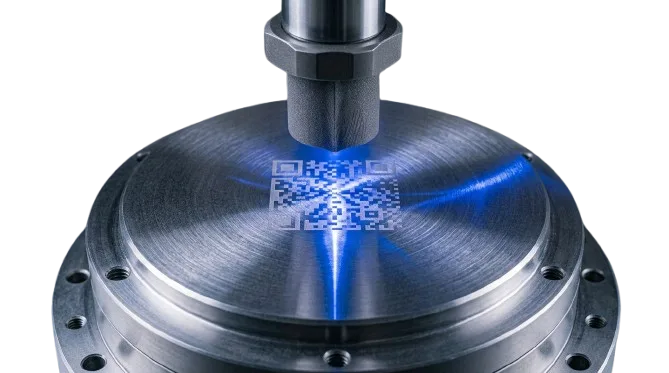 Laser-marked 2D data matrix code on a round stainless flange
